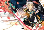  animal_ears cat_ears cat_tail flower gloves hat katana long_hair looking_at_viewer lu&quot; military military_hat military_uniform open_mouth pixiv_fantasia pixiv_fantasia_t shorts silver_hair solo sword tail uniform weapon white_gloves yellow_eyes 