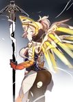  ass blonde_hair blue_eyes bodysuit breasts high_ponytail long_hair looking_at_viewer mechanical_halo mechanical_wings medium_breasts mercy_(overwatch) overwatch pantyhose rmm solo staff torn_clothes torn_legwear wings yellow_wings 