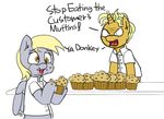  2016 angry blonde_hair clothed clothing derpy_hooves_(mlp) dialogue duo english_text equine female food friendship_is_magic gordon_ramsay hair horn male mammal muffin my_little_pony open_mouth pabbley pegasus text unicorn wings 