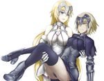  blonde_hair breasts carrying cleavage fate/apocrypha fate/grand_order fate_(series) headpiece highres jeanne_d'arc_(alter)_(fate) jeanne_d'arc_(fate) jeanne_d'arc_(fate)_(all) long_hair medium_breasts multiple_girls princess_carry short_hair type-moon xue_dao 