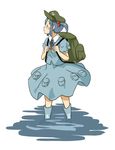 backpack bag blue_hair blush blush_stickers boots chii-kun_(seedyoulater) hair_bobbles hair_ornament hat highres kawashiro_nitori key pocket puffy_short_sleeves puffy_sleeves rubber_boots short_hair short_sleeves simple_background skirt solo touhou twintails two_side_up wading water white_background 