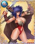  1girl armpits bastard!! blue_hair breasts cape card_(medium) cleavage fingerless_gloves holding holding_sword kai_harn large_breasts legs leotard looking_at_viewer mound_of_venus navel purple_eyes serious short_hair shoulder_pads simple_background solo standing sword thighs wavy_hair 