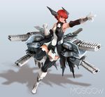  absurdres black_legwear boots breasts clenched_hand commentary detached_sleeves dress english_commentary full_body gloves green_eyes grin headgear highres knee_boots mecha_musume mothman_(the_m0thman) original quadruple_wielding railgun red_hair short_dress short_hair sidelocks small_breasts smile solo thighhighs white_gloves zettai_ryouiki 