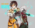  1girl blue_eyes bodysuit breasts brown_hair character_name crossed_arms crossover dark_skin dark_skinned_male ekko_(league_of_legends) goggles goggles_around_neck height_difference jacket league_of_legends medium_breasts mohawk orange_bodysuit overwatch power_connection rmm short_hair tracer_(overwatch) white_hair 