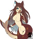  2016 anthro black_nose blue_hair blue_skin breasts brown_hair brown_skin english_text featureless_breasts featureless_crotch feline female fin fish hair hybrid inner_ear_fluff long_hair lunarii mammal marine multicolored_hair multicolored_skin navel nude open_mouth pose shark simple_background solo stripes text two_tone_hair watermark white_background wide_hips yellow_skin 