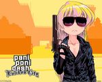  amt_hardballer_longslide fingerless_gloves gloves grand_theft_auto gun handgun jacket leather leather_jacket pani_poni_dash! parody rebecca_miyamoto solo sunglasses terminator weapon 