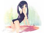  arm_support ass bath black_eyes black_hair flower hair_flower hair_ornament kawata_hisashi long_hair looking_back mizuki_mana one-piece_swimsuit purple_eyes purple_hair school_swimsuit solo swimsuit twintails water white_album 