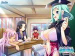  black_hair blue_eyes book breasts classroom desk green_hair hair_ornament hairclip hat highres hikage_eiji kannei koihime_musou large_breasts long_hair medium_breasts multiple_girls navel nipple_slip nipples pink_hair purple_eyes purple_hair rikuson school short_hair shuutai sonshoukou sweatdrop twintails yellow_eyes 