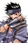  black_hair blue_eyes fishnets headband highres kunai male_focus ninja peace_maker_kurogane solo weapon yamazaki_susumu_(peace_maker_kurogane) 