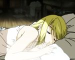  artist_request bed black_eyes blonde_hair earrings fullmetal_alchemist jewelry light lingerie nightgown sleepy solo underwear winry_rockbell 