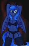  2016 animal_humanoid anthro anthrofied armpits blue_eyes blue_feathers blue_hair bra breasts cleavage clothed clothing digital_media_(artwork) equine eyelashes eyeshadow feathered_wings feathers female fishnet friendship_is_magic hair half-closed_eyes horn horse humanoid legwear long_hair looking_at_viewer makeup mammal mane miss.chievous my_little_pony navel nipples open_mouth panties pinup pony pose princess princess_luna_(mlp) royalty simple_background solo standing stockings thigh_highs underwear unicorn winged_unicorn wings 