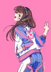  animal_print ass brown_eyes brown_hair bunny bunny_print chkuyomi cowboy_shot d.va_(overwatch) facepaint facial_mark from_behind hand_in_pocket headphones jacket long_hair long_sleeves looking_at_viewer looking_back open_mouth overwatch pink_background simple_background solo v whisker_markings 