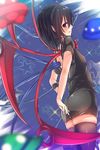  ahoge arms_behind_back ass asymmetrical_wings back_cutout black_dress black_hair black_legwear blue_wings blurry blush borushichi depth_of_field dress from_behind houjuu_nue open_mouth pointy_ears profile red_wings short_dress short_sleeves sideways_mouth skindentation smile solo standing star teeth thighhighs touhou ufo wings zettai_ryouiki 