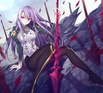  absurdres breasts brown_legwear day high_heels highres holding jacket juliet_sleeves large_breasts long_hair long_sleeves looking_at_viewer maruchi open_clothes open_jacket open_mouth original pants pantyhose polearm puffy_sleeves purple_hair red_eyes sitting sky spear sword weapon 
