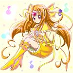  aitaso boots bow brooch brown_hair bubble_skirt circlet cure_muse_(yellow) dodory earrings eighth_note fairy_tone frills hair_bow headband heart jewelry knee_boots long_hair looking_at_viewer magical_girl musical_note precure red_eyes shirabe_ako skirt solo suite_precure yellow_bow yellow_footwear yellow_skirt 