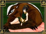  1amm1 2009 4:3 aged_up ambiguous_gender armor avatar:_the_last_airbender badger black_hair border bracers claws duo female feral hair human hybrid mammal midriff mole mustelid navel pattern_background reclining simple_background toe_claws toph_bei_fong 