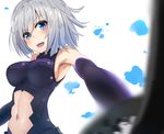  :d alternate_costume armor armored_dress armpits bare_shoulders blue_eyes blurry blush breasts cosplay dress elbow_gloves fate/grand_order fate_(series) gloves hair_ornament hair_over_one_eye hairclip hamakaze_(kantai_collection) kantai_collection large_breasts look-alike looking_at_viewer mash_kyrielight mash_kyrielight_(cosplay) navel open_mouth shield shinta_(the-mattyaman) short_hair silver_hair sleeveless sleeveless_dress smile solo white_background 