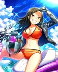  bikini black_hair breasts brown_eyes cleavage cloud day fingerless_gloves gloves grin ground_vehicle helmet idolmaster idolmaster_cinderella_girls jacket large_breasts leather leather_jacket long_hair motor_vehicle motorcycle motorcycle_helmet mukai_takumi o-ring o-ring_bikini official_art palm_tree sitting smile solo swimsuit tree 