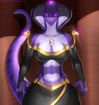  2016 anthro armwear big_breasts black_claws breasts brown_background claws cleavage clothed clothing doomthewolf english_text faarah female glowing glowing_eyes hi_res inside looking_at_viewer navel princess purple_eyes purple_scales reptile royalty scales scalie simple_background snake solo text wide_hips 