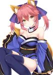  animal_ears bad_id bad_pixiv_id blue_legwear blush breasts cleavage detached_sleeves fate/extra fate_(series) fox_ears fox_tail hair_ribbon japanese_clothes large_breasts looking_at_viewer pink_hair ribbon simple_background solo tail tamamo_(fate)_(all) tamamo_no_mae_(fate) white_background yellow_eyes yuzu-aki 