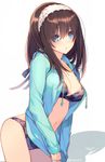  argyle argyle_bikini bikini bikini_under_clothes black_hair blue_eyes blush breasts hairband hood hoodie idolmaster idolmaster_cinderella_girls leaning_forward long_hair mayachi_(amuriya) medium_breasts navel open_clothes open_hoodie sagisawa_fumika shadow solo swimsuit swimsuit_under_clothes twitter_username 