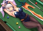  absurdres alternate_eye_color animal_ears armpits arms_up ball battle_bunny_riven billiards black_legwear black_neckwear breasts broken broken_sword broken_weapon bunny_ears bunny_girl bunnysuit choker cleavage covered_navel cue_ball cue_stick folded_ponytail from_above hair_over_one_eye highres large_breasts league_of_legends leotard looking_at_viewer lying navel necktie on_back pantyhose pool_table riven_(league_of_legends) silver_eyes silver_hair solo sword weapon yashichii 