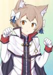  :3 androgynous animal_ears blush bow brown_eyes brown_hair cape cat_ears clenched_hands coat felix_argyle gloves gradient gradient_background hair_bow head_tilt highres long_sleeves looking_at_viewer male_focus mzrz paw_pose re:zero_kara_hajimeru_isekai_seikatsu simple_background solo white_gloves 