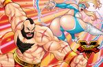  1girl abs ass beard blonde_hair blue_leotard breasts chest_hair cleavage darwin_nunez domino_mask facial_hair highres large_breasts leotard mask mohawk muscle rainbow_mika scar street_fighter street_fighter_v veins wrestling_outfit wristband zangief 