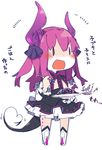 boots chibi detached_sleeves dragon_tail dress elizabeth_bathory_(fate) elizabeth_bathory_(fate)_(all) fate/extra fate/extra_ccc fate_(series) food fork horns long_hair pasta pekeko_(pepekekeko) pink_hair smile solo spaghetti tail translation_request 