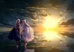  1girl anklet aqua_(fire_emblem_if) armor barefoot blue_cape blue_hair cape cloud dress elbow_gloves fire_emblem fire_emblem_if gloves hetero holding_hands jewelry long_hair male_my_unit_(fire_emblem_if) my_unit_(fire_emblem_if) reflection salt_flats short_hair standing standing_on_liquid sun sunset veil very_long_hair water white_dress white_gloves white_hair yori_ill 