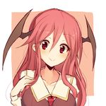  bat_wings breasts demon_girl demon_wings head_wings koakuma kuresento large_breasts long_hair necktie red_eyes red_hair red_neckwear simple_background smile solo touhou vest wings 