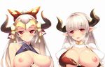  alicia_(granblue_fantasy) aliza_(granblue_fantasy) bare_shoulders bell blush breasts breath cross cross_earrings dean draph earrings granblue_fantasy hair_pulled_back heart heart-shaped_pupils highres horns jewelry large_breasts long_hair mother_and_daughter multiple_girls nipples open_mouth pointy_ears red_eyes silver_hair simple_background symbol-shaped_pupils upper_body white_background 