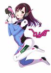  bangs bodysuit breasts brown_eyes brown_hair character_name d.va_(overwatch) facial_mark finger_on_trigger full_body gloves gun handgun headphones highres holding holding_gun holding_weapon itachi_kanade long_hair looking_at_viewer looking_to_the_side medium_breasts open_mouth overwatch pilot_suit pistol skin_tight solo swept_bangs weapon whisker_markings white_gloves 