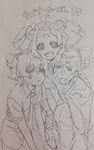  2boys \m/ agata_katsuhira bandaid hand_on_another's_head hisomu_yoshiharu jitome kiznaiver monochrome multiple_boys niiyama_nico orie sketch translation_request twintails 