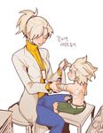  1girl 6cheetah arm_wrap bad_id bad_twitter_id bandages belt blonde_hair blue_pants blush eyebrows hair_ornament hair_tie junkrat_(overwatch) labcoat long_sleeves mercy_(overwatch) overwatch pants ponytail ribbed_sweater shorts sitting spiked_hair sweater translated turtleneck yellow_sweater younger 