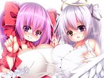  2girls blush bow breasts brown_eyes feather hair_bow huge_breasts kur_(kur0320) long_hair looking_at_viewer multiple_girls open_mouth pink_eyes pink_hair purple_eyes shiny shiny_hair shiny_skin silver_hair smile upper_body 