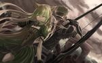  1girl achilles_(fate) animal_ears armor arrow atalanta_(fate) blonde_hair bow_(weapon) cat_ears fate/apocrypha fate_(series) green_eyes green_hair highres holding holding_weapon mouth_hold mukade_(siieregannsu) multicolored_hair polearm spear thighhighs two-tone_hair weapon 