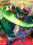  arm_belt bastian beard belt blonde_hair blue_footwear book cape copyright_name drill_hair facial_hair fingerless_gloves fire_emblem fire_emblem:_souen_no_kiseki fire_emblem_cipher gloves green_cape green_eyes index_finger_raised indoors low_ponytail magic male_focus motion_blur mustache official_art one_eye_closed pointy_shoes red_carpet shoes solo standing teeth yoneko_okome99 