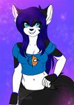  big_tail blue_eyes blue_hair breasts canine cinnamama clothing crop_top deadpool female fluffy fluffy_tail fur hair inner_ear_fluff long_hair mammal marvel multicolored_fur open_mouth pinup pose purple_hair shirt two_tone_fur wolf 