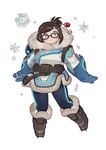  beads belt belt_pouch black-framed_eyewear blue_gloves blue_legwear blue_pants boots brown_eyes brown_hair canister canteen coat drone full_body fur-trimmed_boots fur-trimmed_jacket fur_boots fur_coat fur_trim glasses gloves gwayo hair_bun hair_ornament hair_stick highres jacket mei_(overwatch) overwatch pants parka pouch print_legwear robot short_hair simple_background smile snowflake_hair_ornament solo spiked_boots spikes utility_belt white_background winter_clothes winter_coat 
