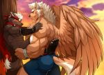  black_fur blush butt butt_grab canine clothing dog drks duo fur hand_on_butt headband male male/male mammal marchosias muscular muscular_male nude shorts size_difference tadatomo tokyo_afterschool_summoners tree video_games wings wolf 