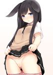  :o animal_ears ao_no_neko ass_visible_through_thighs bar_censor black_skirt blue_eyes blush bunny_ears censored contrapposto cowboy_shot ears_down eyebrows eyebrows_visible_through_hair groin heart heart-shaped_pupils highres lifted_by_self long_hair looking_at_viewer original panties panty_pull parted_lips pink_panties pleated_skirt pussy pussy_juice shirt short_sleeves skirt skirt_lift solo standing sweatdrop symbol-shaped_pupils underwear white_shirt 