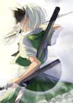  back black_hairband cowboy_shot ghost hair_ribbon hairband hitodama holding holding_weapon katana konpaku_youmu konpaku_youmu_(ghost) ookamisama puffy_short_sleeves puffy_sleeves ribbon sheath sheathed short_hair short_sleeves silver_hair skirt skirt_set solo sword touhou vest weapon 