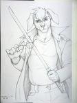  2015 anthro belt black_eyes black_nose canine clothing dog english_text eyebrows eyewear fur glasses grin hair jacket looking_at_viewer male mammal melee_weapon pants shirt simple_background solo sword tank_top teeth text traditional_media_(artwork) watermark weapon white_background white_sclera wolfy-nail 