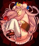  book closed_mouth crescent crescent_hair_ornament daitai_konna_kanji frills hair_ornament half-closed_eyes hat long_hair lying mob_cap on_side patchouli_knowledge purple_eyes purple_hair solo touhou very_long_hair 