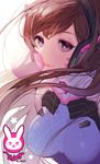  bangs bodysuit breasts brown_hair bubble_blowing bunny character_name chewing_gum d.va_(overwatch) facepaint facial_mark high_collar large_breasts lips long_hair long_image looking_at_viewer overwatch pilot_suit pink_lips purple_eyes sadal solo star stick_poster swept_bangs turtleneck twitter_username upper_body whisker_markings 