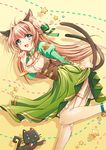  ahoge animal_ears bell black_cat bow breasts brown_hair cat cat_ears cat_tail cleavage dress dress_lift fang green_dress green_eyes hair_bow jindei jingle_bell leaning_forward long_hair medium_breasts multiple_tails original shadow solo standing standing_on_one_leg star tail tan_legwear thighhighs two_tails 