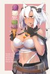  :p bangs breasts cape collar commentary_request dark_skin english finger_licking food glasses gloves hair_flaps hairband holding holding_food ice_cream ice_cream_cone kantai_collection large_breasts licking musashi_(kantai_collection) navel non_(nonzile) partly_fingerless_gloves pink_background sarashi skirt solo thumb_to_mouth tongue tongue_out white_hair 