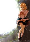  arm_support atoki backlighting blonde_hair hand_up highres light_particles light_smile miniskirt mizuhashi_parsee pointy_ears scarf short_hair simple_background sketch skirt solo touhou twitter_username wind yellow_eyes 