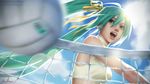  ahoge blue_sky cloud crop_top day drawcrowd_sample gohpot green_eyes green_hair hair_ribbon halter_top halterneck hatsune_miku highres image_sample lens_flare long_hair motion_blur open_mouth realistic ribbon signature sky solo sun twintails upper_body vignetting vocaloid volleyball volleyball_net 